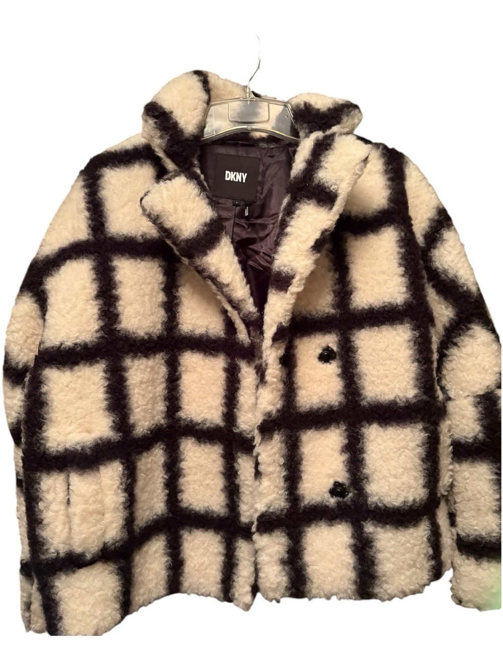 DKNY Black & Cream Checkered Faux Shearling Coat